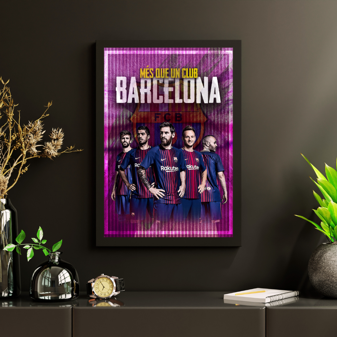 Barcelona Football Black Framed Poster Gerard Pique, Lionel Messi, Sergio Aguero, Xavi